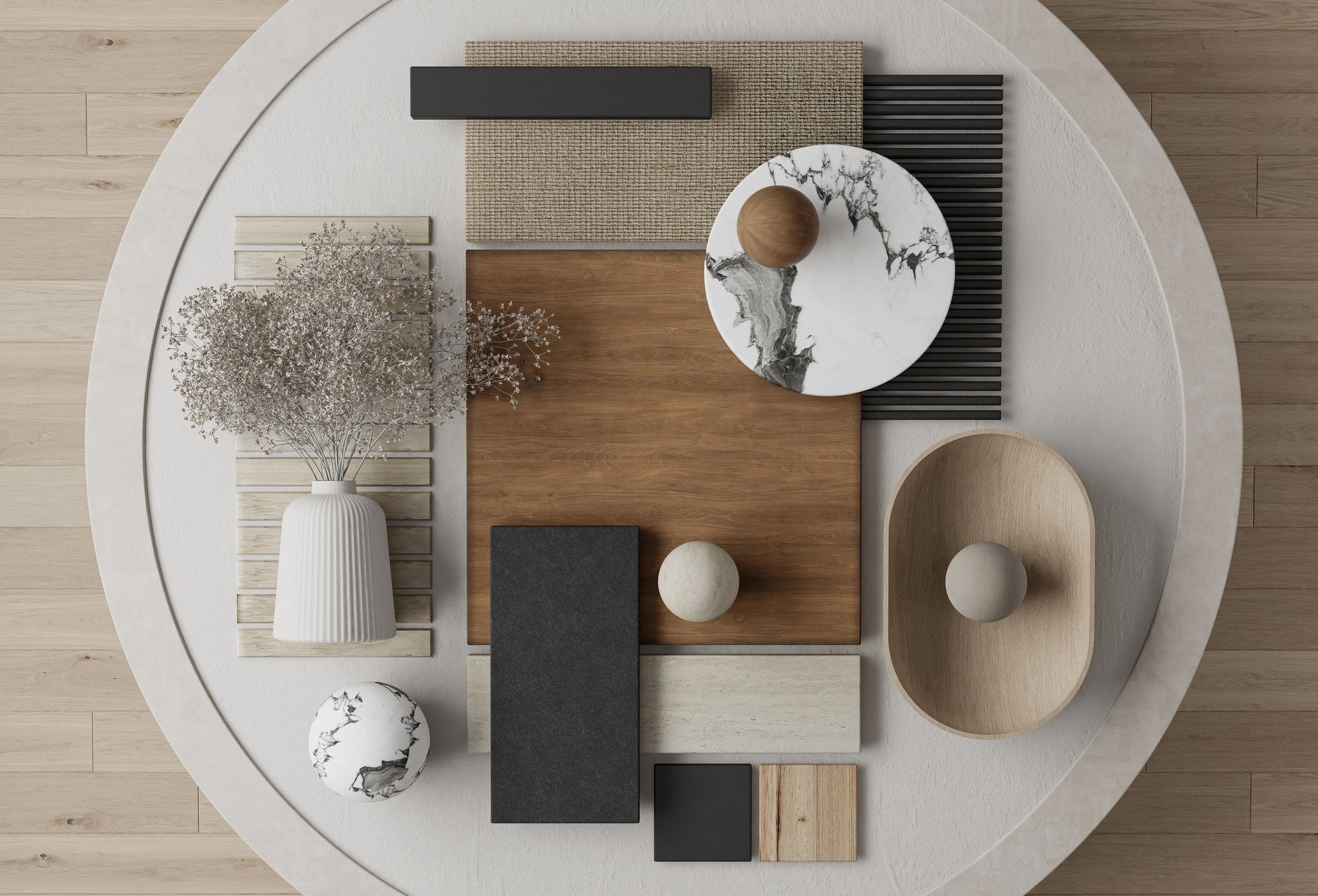 Flat lay of materials and textures representing product options